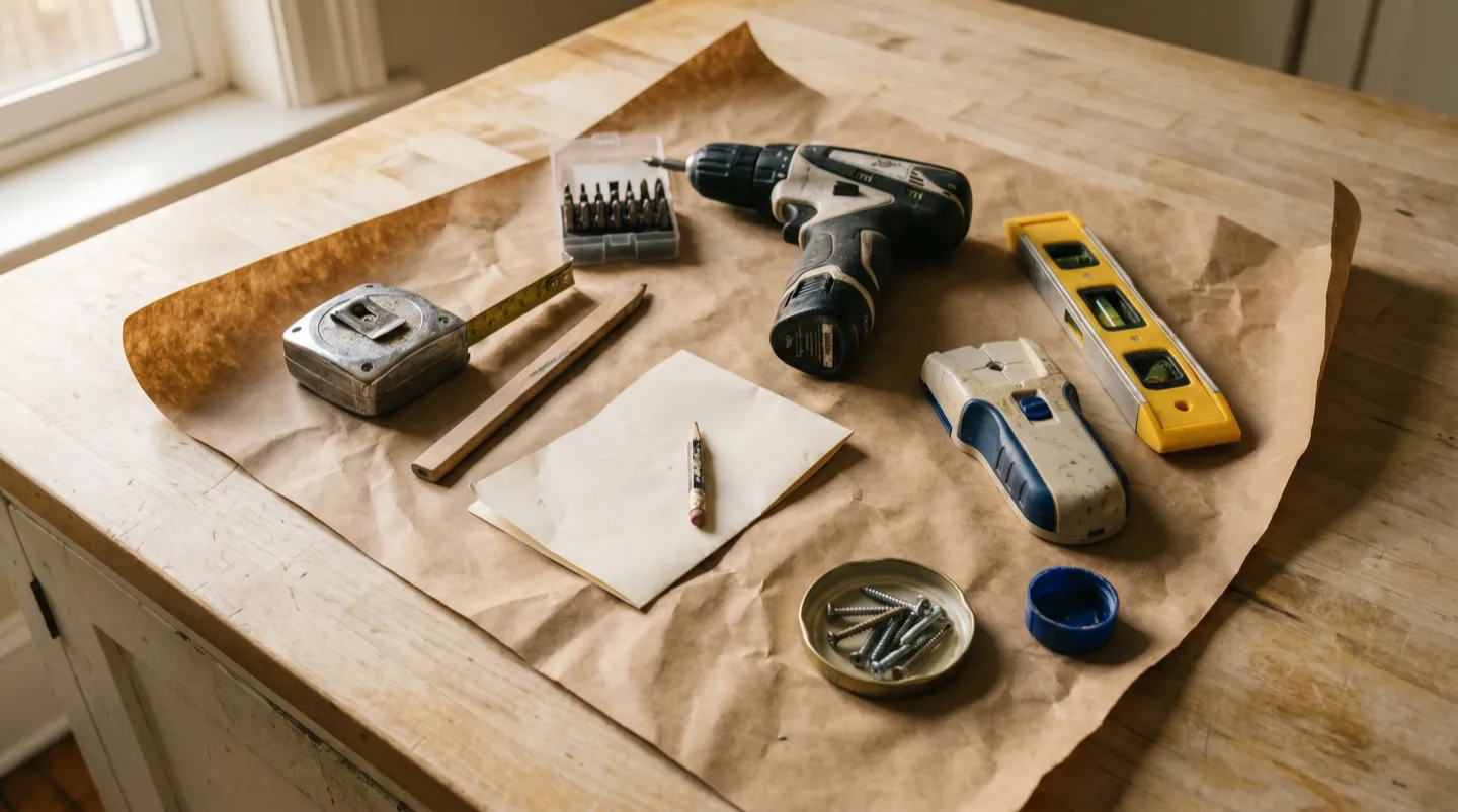 Tape measure, carpenter's pencil, drill, level, stud finder and screws laid out on kraft paper