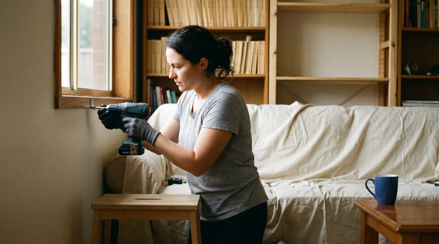 A woman on a step stool driving a screw into a roller blind bracket at the top of a window reveal