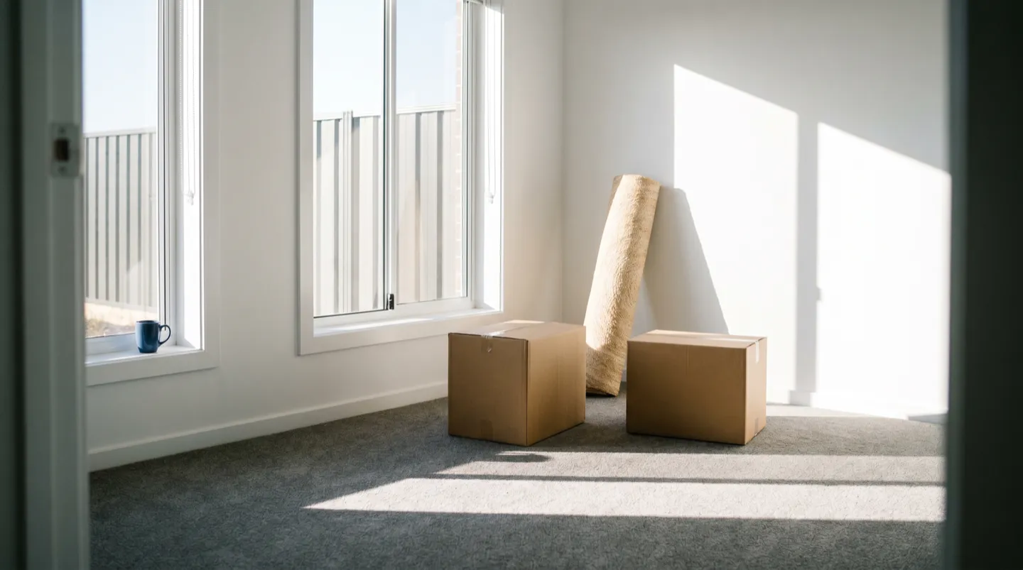 An empty bedroom in a new estate home, bare aluminium windows, low western sun across fresh carpet, moving boxes against the wall