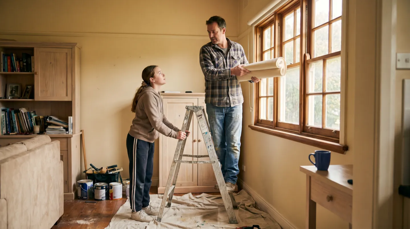 A man on a step ladder lifting a rolled blind into a window reveal while his teenage daughter steadies the ladder