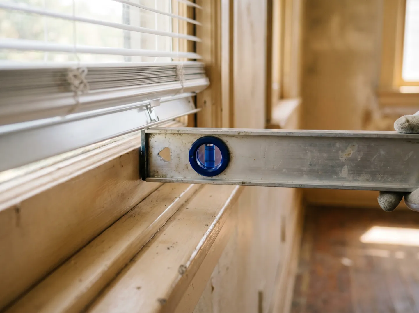 A spirit level held against a newly installed venetian blind headrail, bubble centred