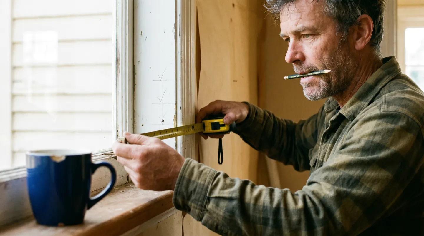 A man stretching a steel tape measure across a timber window reveal, carpenter's pencil in his teeth