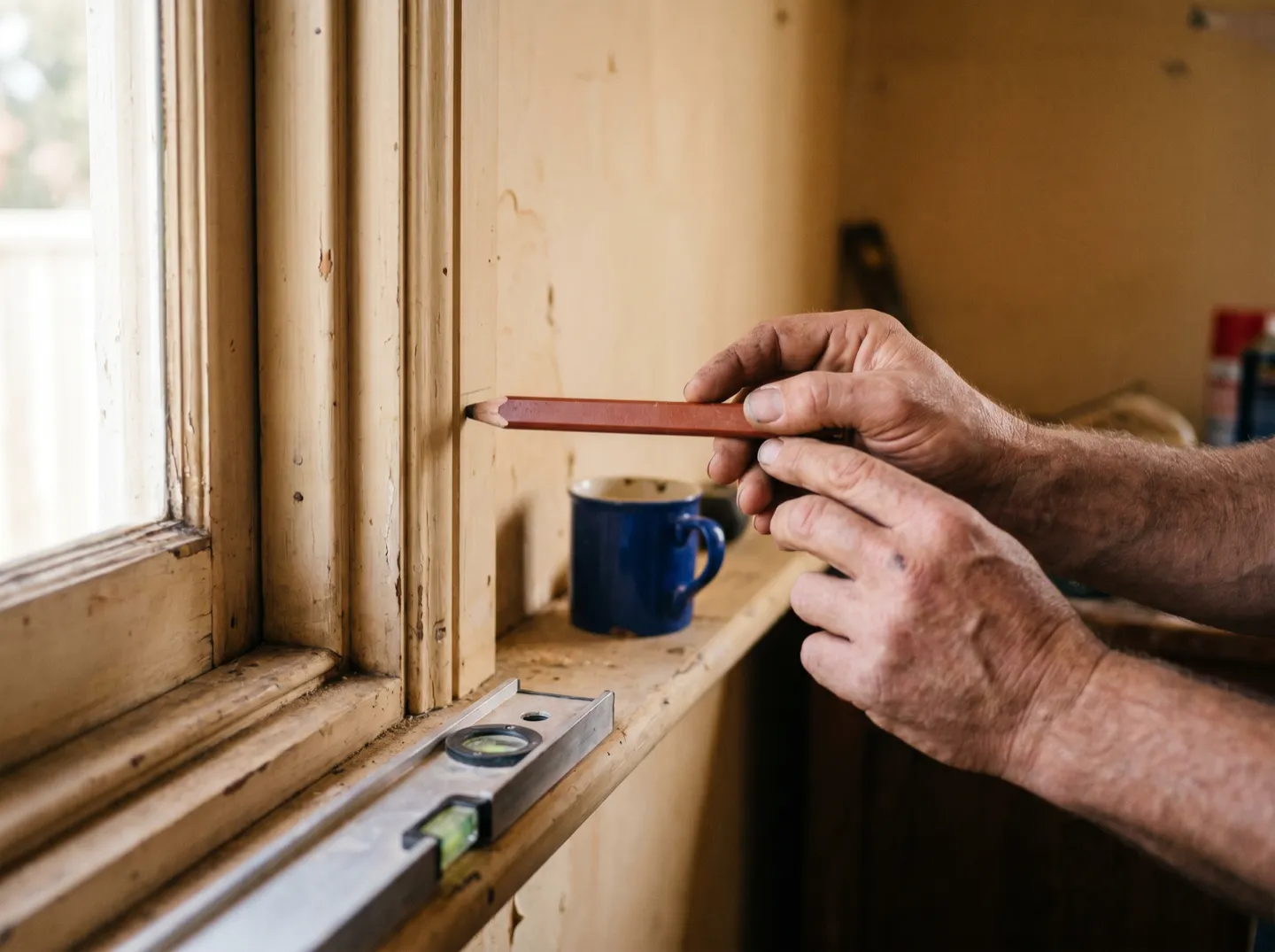 Hands marking a bracket position inside a window reveal with a carpenter's pencil, a spirit level resting on the sill