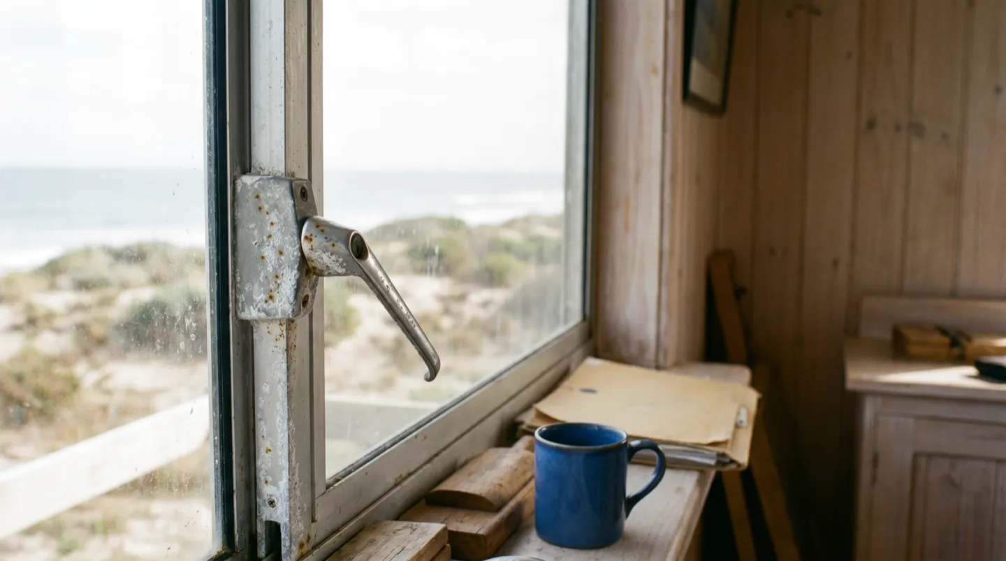 An aluminium window winder handle freckled with salt corrosion, dunes and sea haze visible outside
